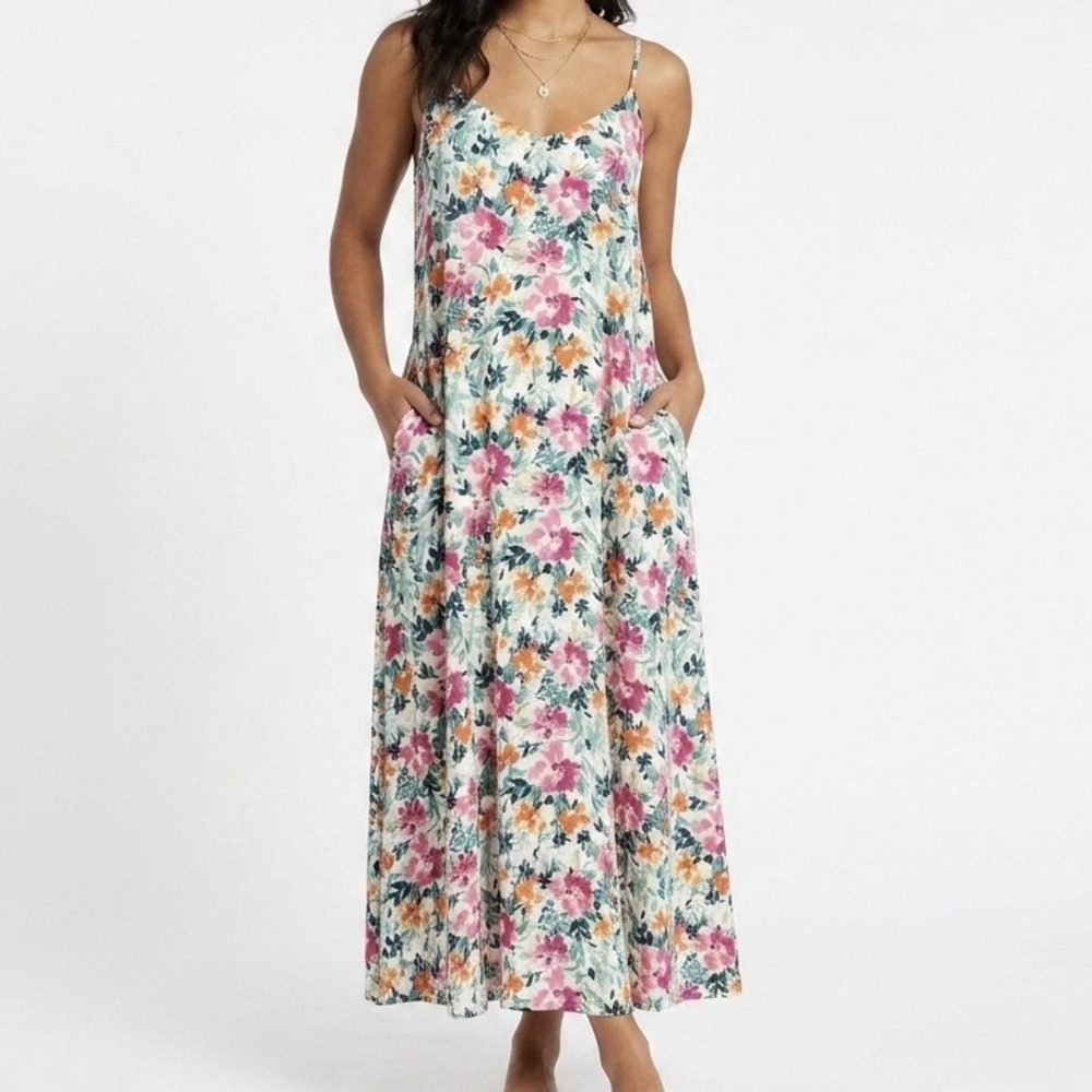 SAVANNA JANE Floral Midi Sundress sz Small Spaghetti Strap A Line Pockets Boho